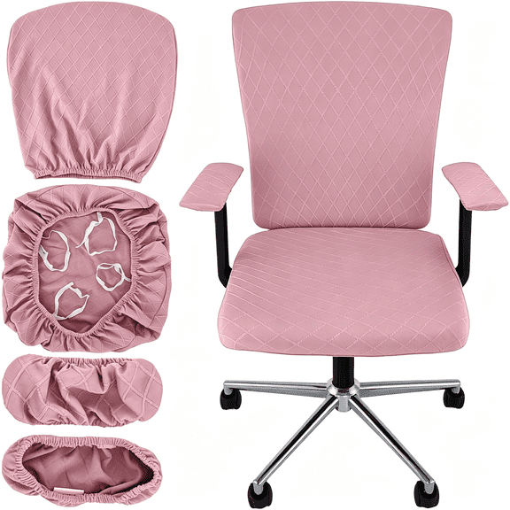 XIBUFE 4 Pcs Office Chair Cover Set with 4 Extra Elastic Straps Universal Protective Office Chair Covers Stretchable Desk Chair Cover Office Armrest Cushion Backrest for Rotating Chair (Pink)