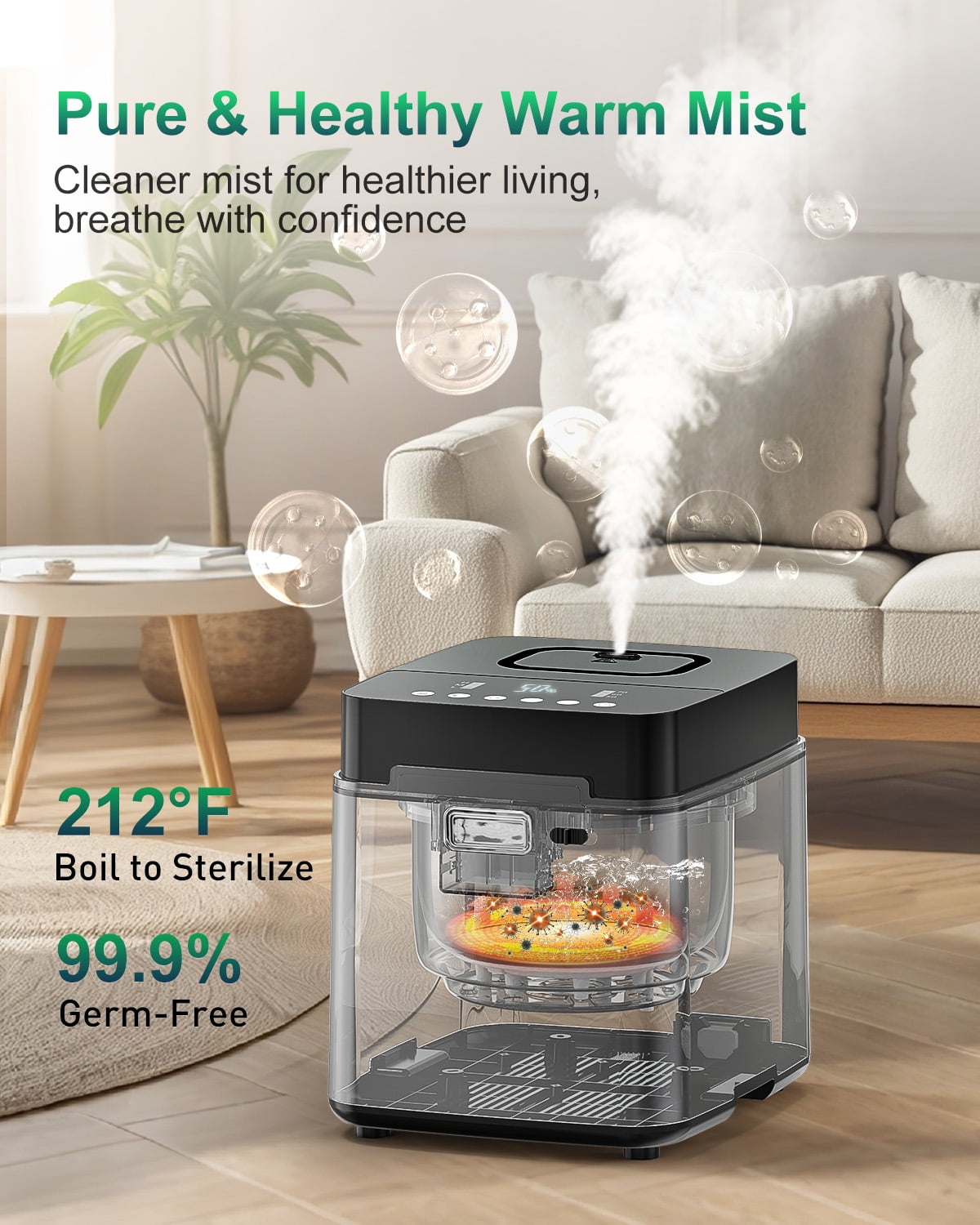Stainless Steel Humidifier for room, 3.3L Warm Mist Humidifiers for Bedroom, Easy Clean Steam Humidifiers for Home, Dishwasher Safe Humidifier Large Room, Black