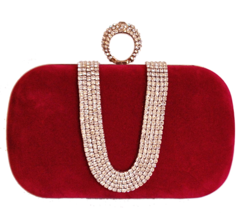 Chicastic Red Suede Velvet Rhinestone Stud One Ring Chicastic Red Suede Velvet Rhinestone Stud One Ring Knuckle Duster Evening Tail Clutch Bag