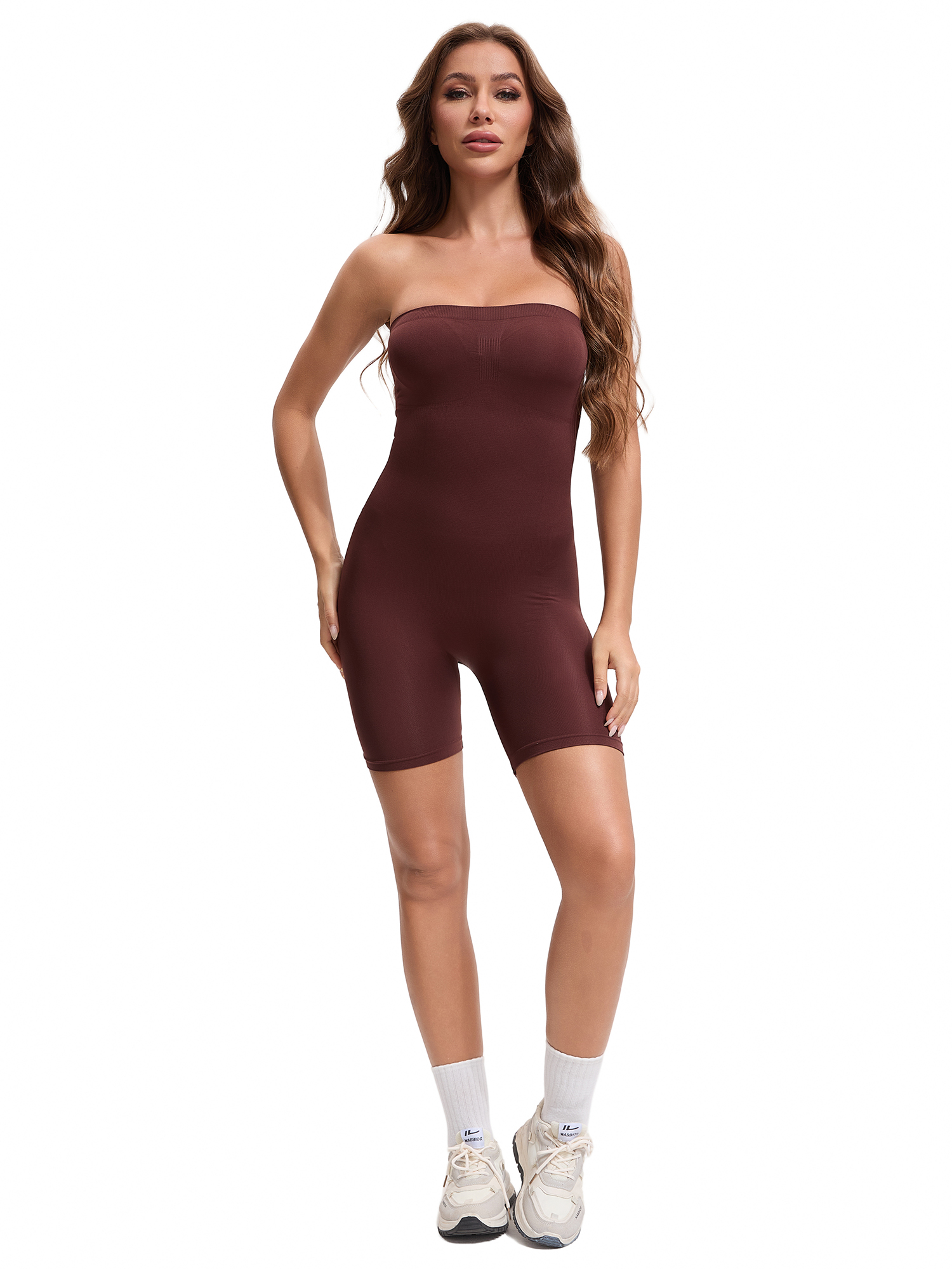DARING DIVA Women's Tube Top Shapewear Bodysuit Mid Thigh Jumpsuit L Coffee