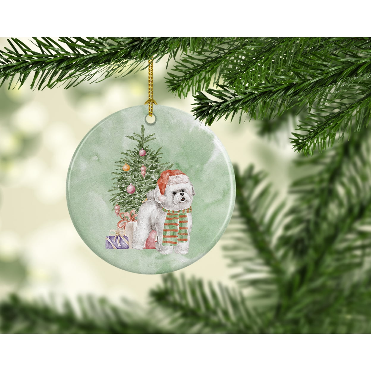 Christmas Bichon Frise Red Hat Ceramic Ornament 2.8 in x 2.8 in