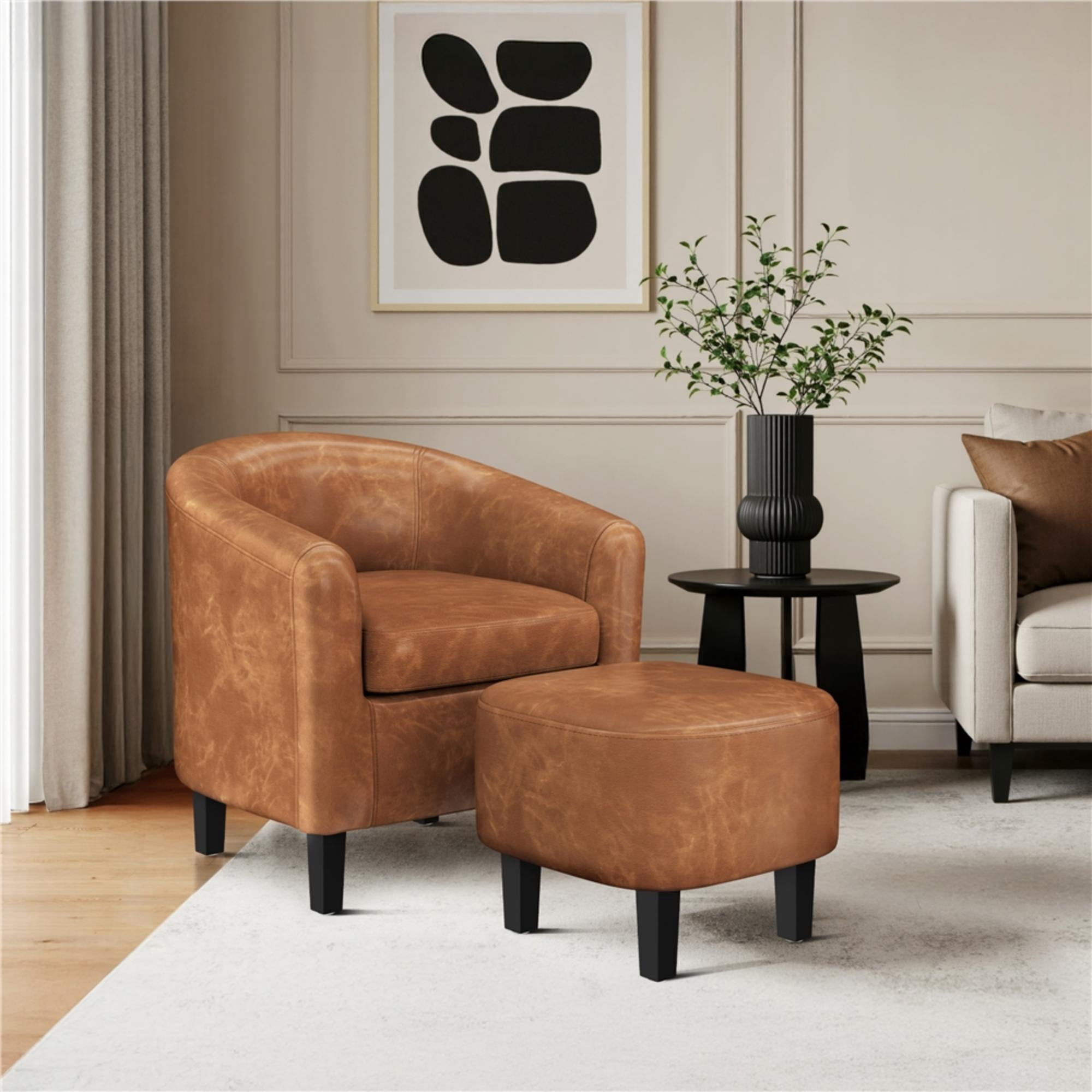 Renwick Barrel Accent Chair with Ottoman, Brown Faux Leather