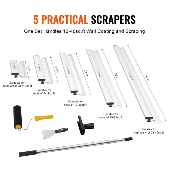 10-40in Drywall Skimming Blade Set w/Extension Pole - Stainless Steel Trowel for Gyprock, Wallboard & Plasterboard - Professional Skim Coat Tools