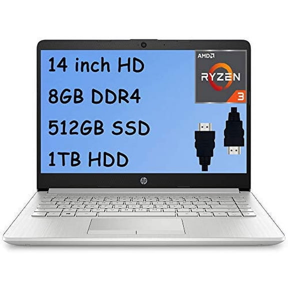 HP 14 Laptop 14" HD Micro-Edge Display AMD Ryzen 3 3250U (>i5-7200U) 8GB DDR4 512GB SSD 1TB HDD WebcamHP Fast Charge Win 10 (Google Classroom Compatible )   HDMI Cable