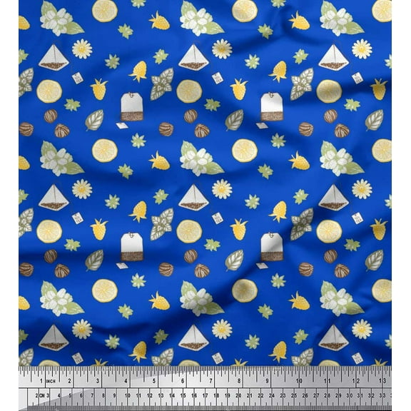 Soimoi Blue Cotton Duck Fabric Tea Bag,Star Anise & Lemon Slice Vegetable Printed Craft Fabric by the Yard 42 Inch Wide