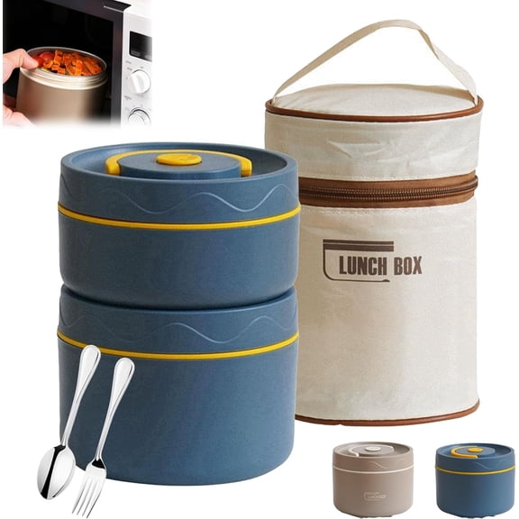 Portable Insulated Lunch Container Set, 3-In-1 Stackable Lunch Boxes & 1 Insulated Bag, Bento Box Adult Box Set, for Microwave Safe, Authentic Flavors & Locking in Freshness (2pcBlue)