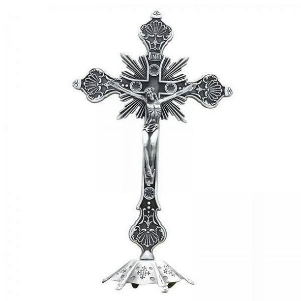 Crucifijo de pie,Crucifijo de pie católico para altar,estatua del hogar,Crucifijo pequeño de metal con soporte para mesa,Figuras coleccionables de decoración del hogar con cruz de