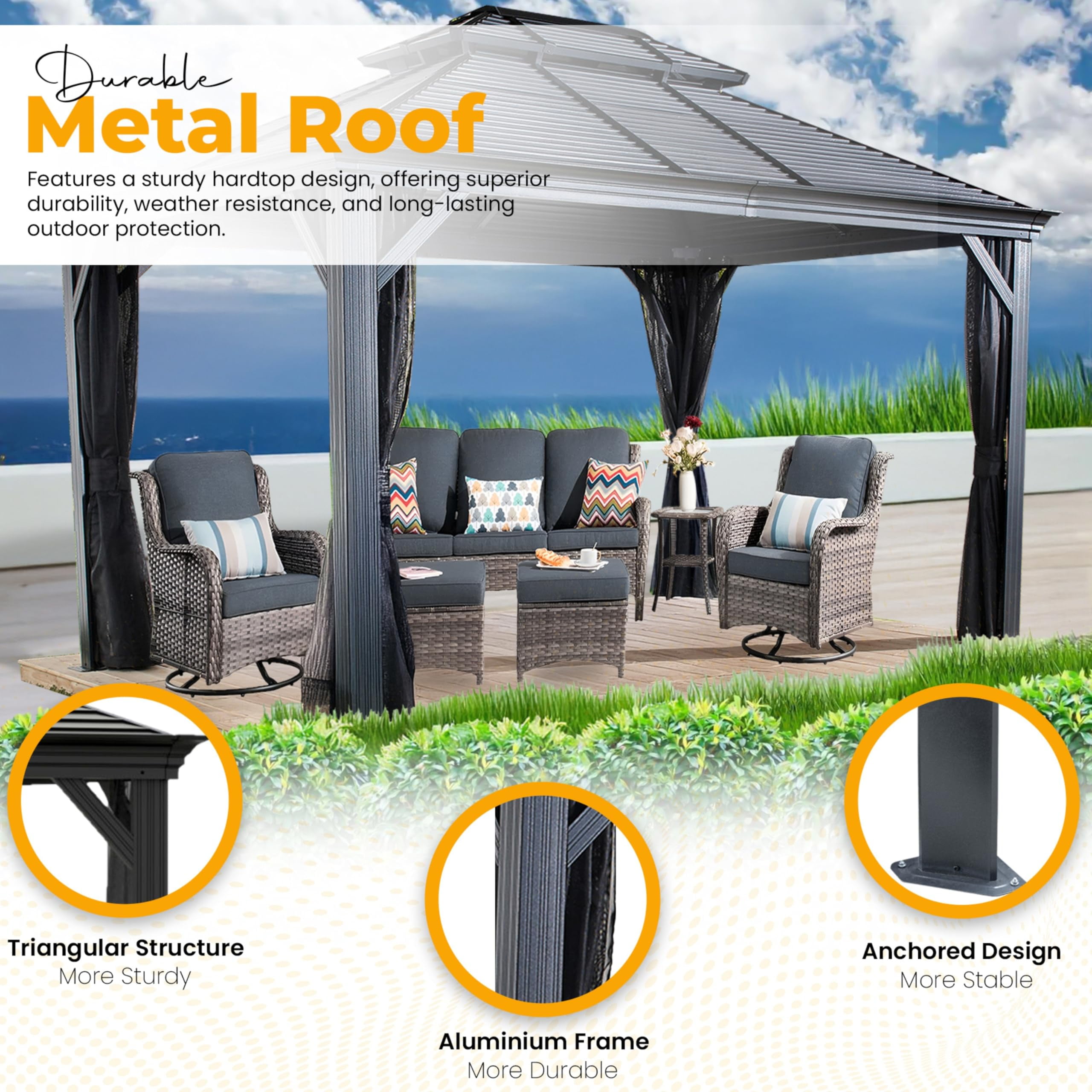 New Yard Hardtop Gazebo with Galvanized Steel Double Roof, Rustproof Aluminum Frame, Privacy Netting, and All-Weather Outdoor Shelter, Dark Grey (10x14)