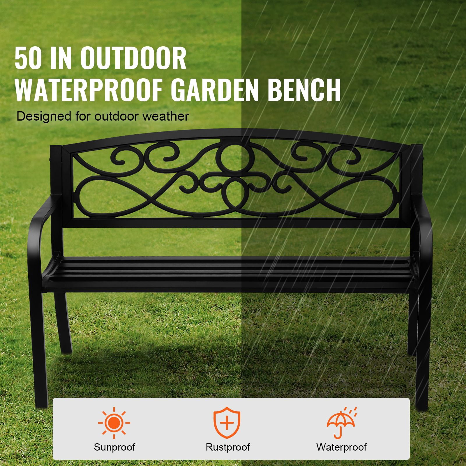 Outdoor Bench, 50 inches Metal Garden Bench for Outdoors, 550 lbs Load Capacity Bench, Outdoor Garden Park Bench with Backrest and Armrests, Patio Bench for Garden, Park, Yard, Front Porch