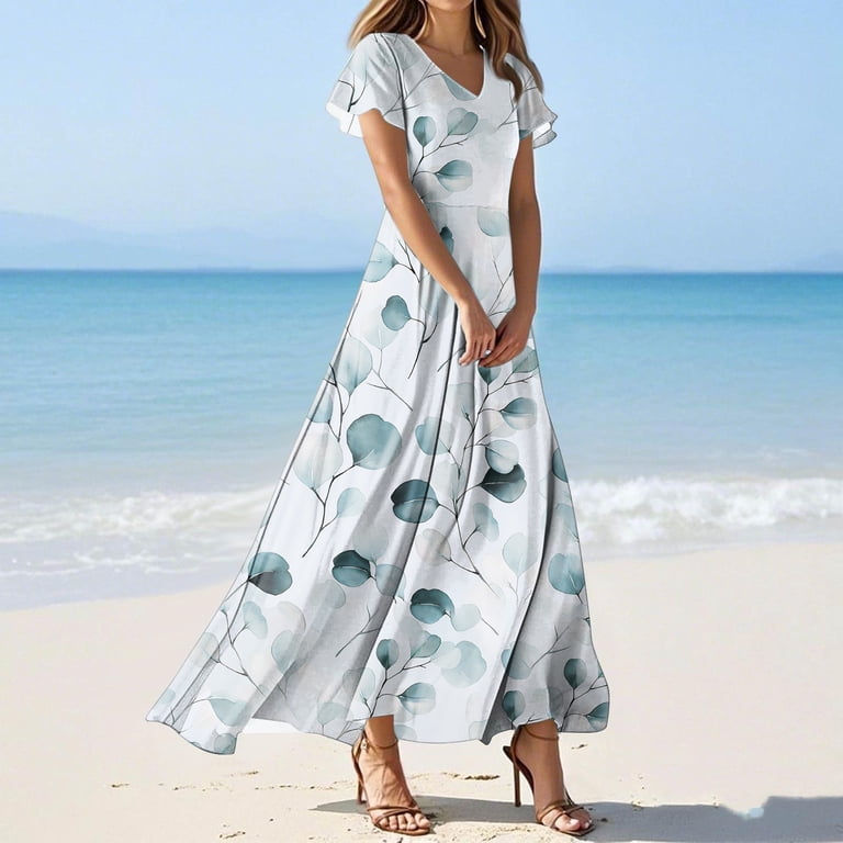 Women's Yellow Floral Wrap Sundress - V-Neck, Flutter Sleeves, Knee-Length, Casual Summer Dress (Large)
