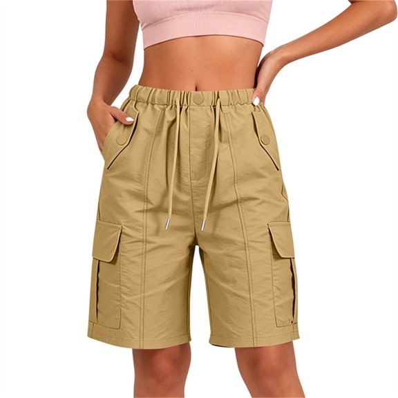 BXJX Womens Casual Bermuda Shorts, Elastic Waist Knee Length Multiple Pockets Summer Cargo Shorts Khaki Size S-2XL