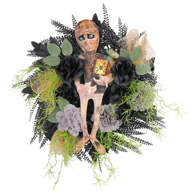 Adorno de corona de Halloween para colgar en la pared para puerta de entrada, decoración del hogar, regalo, corona de momia, corona artificial para