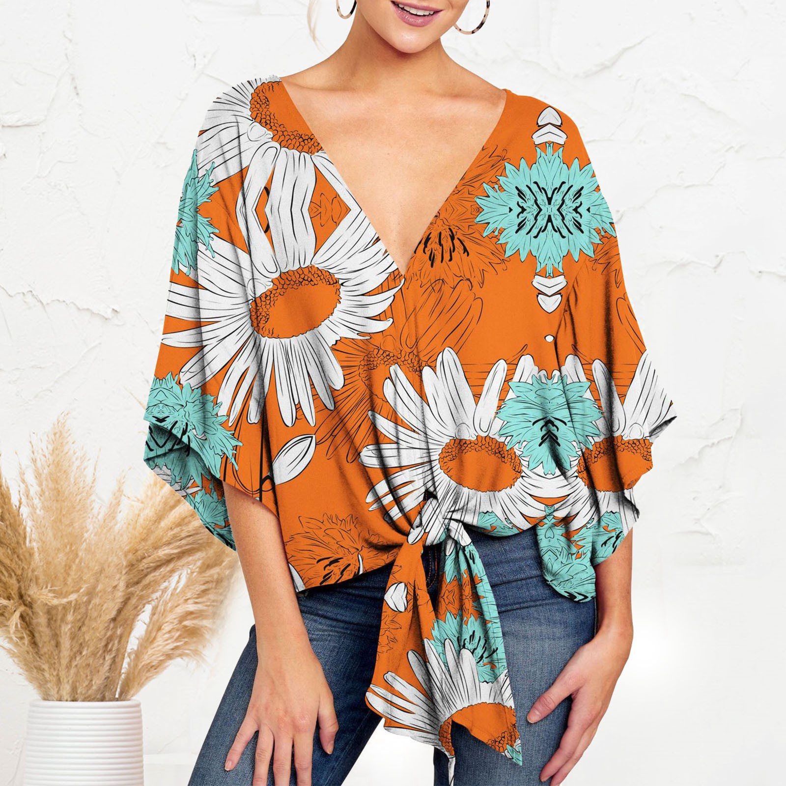 Womens Short Sleeve V Neck Floral Print Front Blouses Batwing Summer