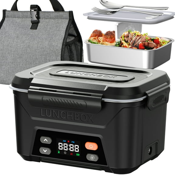Cordless Electric Lunch Box for Adults, 5.5 Cups Self Heating Lunch Box Battery Powered, with Automatic Scheduled Heating, Removable Tray Divider, for Work Car Outdoor Use, Black