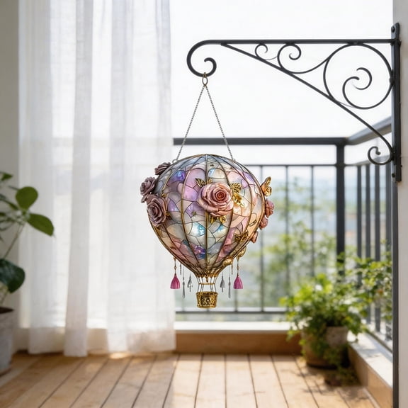 2D Solar Hot Air Balloon Pendant with Flickering Flame, Acrylic Outdoor Hanging Light for Garden Patio Porch Yard Party Decor