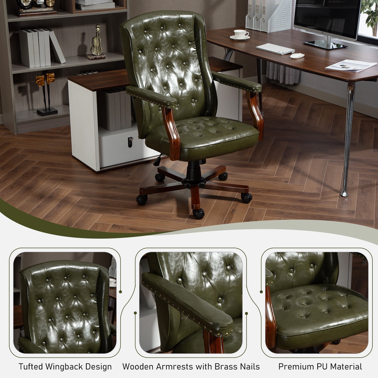 AVAWING Ergonomic Executive Office Chair, Vintage Faux Leather Swivel Work Chair, Green