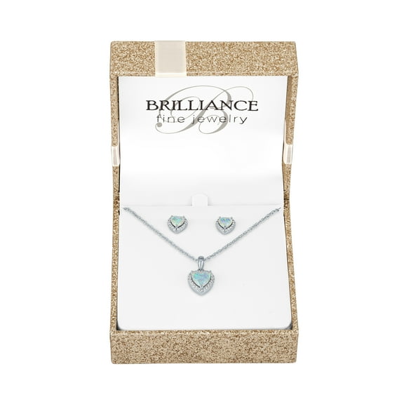 Ladies Brilliance Fine Jewelry Sterling Silver Plated Simulated Opal and CZ Pendant & Earring Set