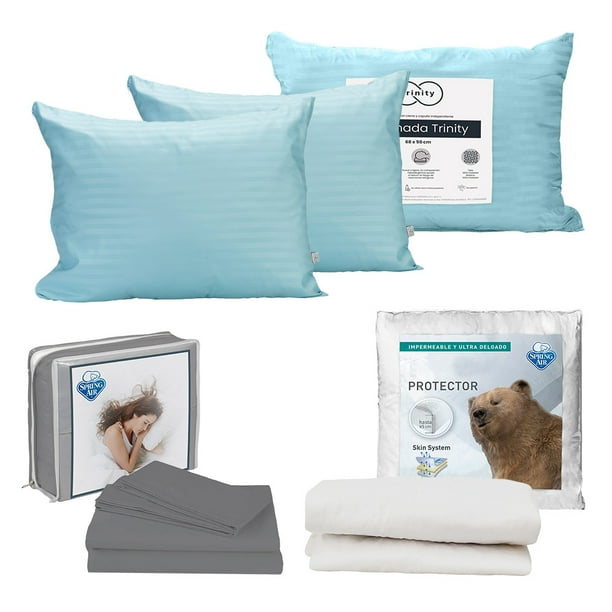 Protector de Colchón King Size + Juego de Sábanas Grey + Almohada Trinity 2