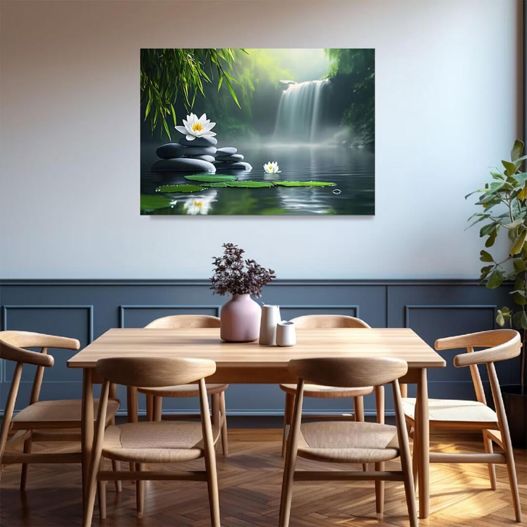 Mudket Framed Canvas Wall Art, Zen Waterfall Lotus Stacked Stones Wall Decor, Serene Spa Nature Waterproof Art Prints for Bathroom Bedroom Living Room Home Wall Decor - 30"L x 20"W