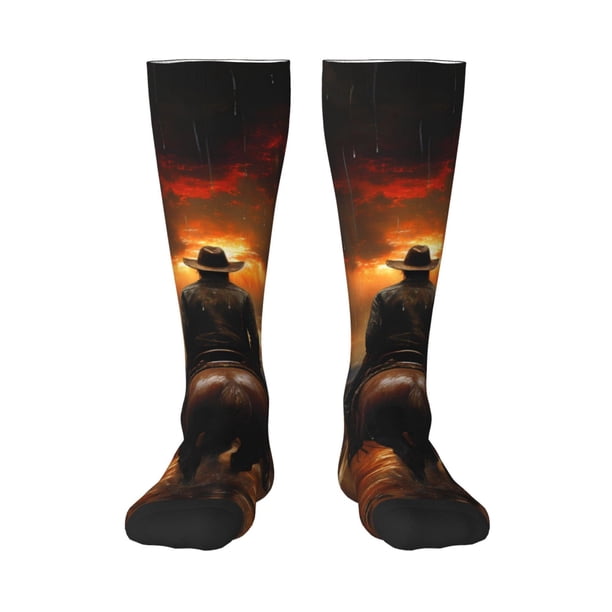 Fotbe Western Rainy Desert Cowboy Calcetas Divertidas Estampadas para Hombre y Mujer, Calcetas de Algodón hasta la Rodilla para Caminar, Correr, Enfermería y Embarazo