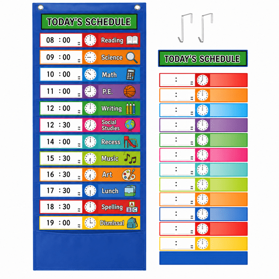 Daily Schedule Pocket Chart with 40 Reusable Cards, 14 Pockets and 2 Door Hooks, Blue, 35 x 13 in