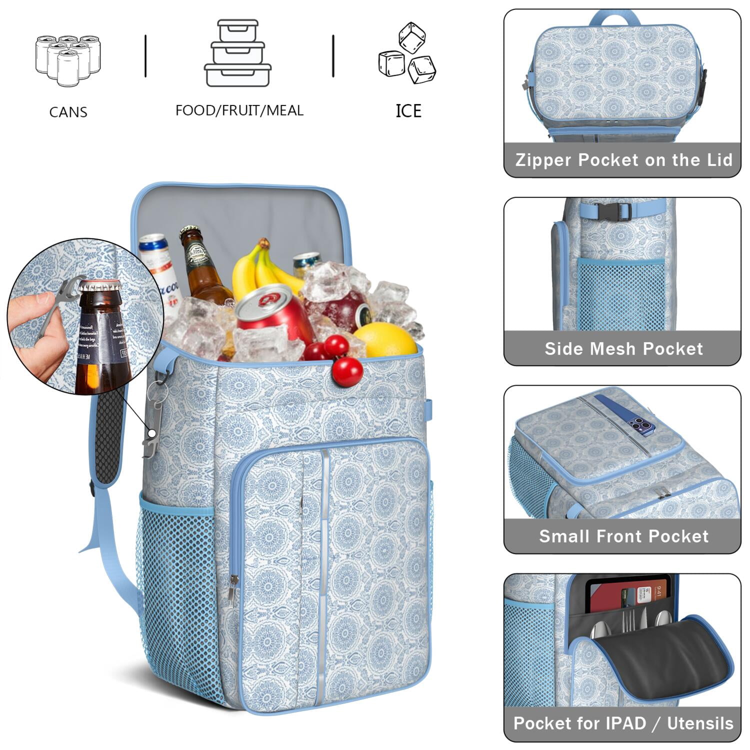 Travel Cooler Bag - Boho Bohemia Flower Camping Beer Cooler Backpack with Bottle Opener- Waterproof Insulated Picnic Backpacks - Cooler Bag for Beach