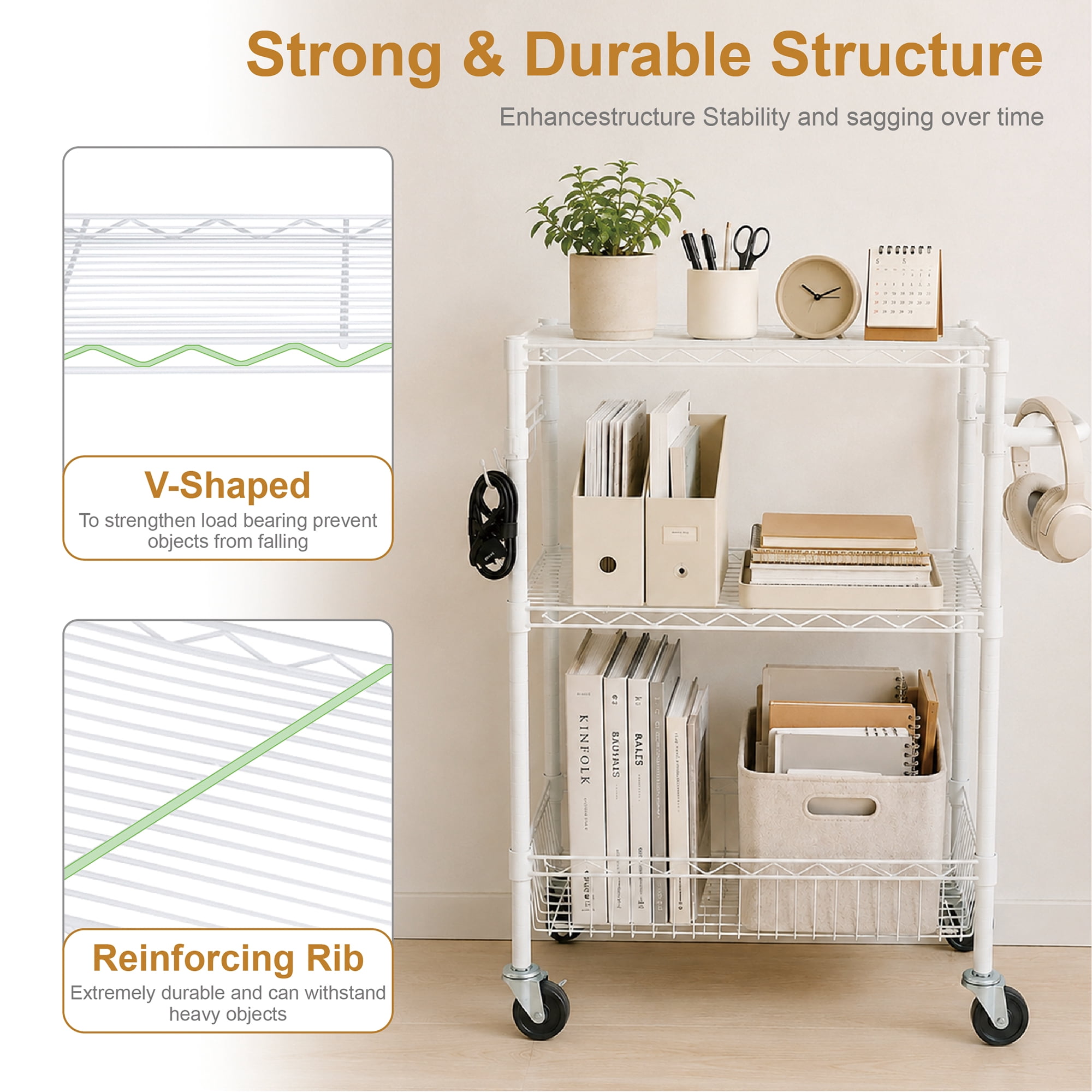 Hyper Tough 3-Tier Rolling Utility Cart, White, 495 lb Load Capacity