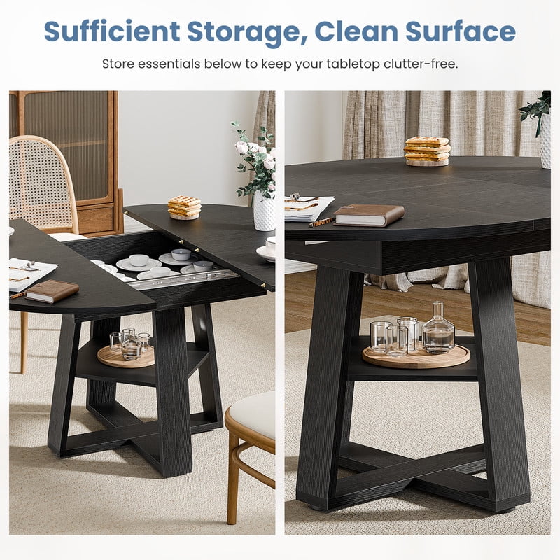 Gianna Extendable Round Dining Table for 4-6, Oval Dinner Table with Storage Shelf, Wood Pedestal Table, Black