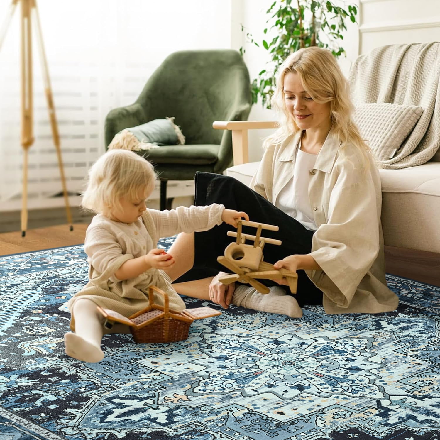 Dwelke Vintage Area Rug Floral Rugs Soft Bedroom Carpet for Living Room Home Decor,4'x6',Blue