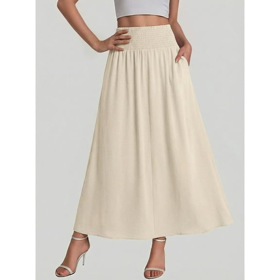 Jsaierl Women's Elastic Waist Wide Leg Maxi Skirt, Smocked Waist Casual Linen-Look Skirt with Pockets, Flowy Long Skirt for Summer