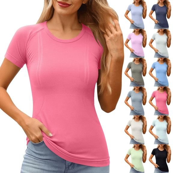 Womens Workout Shirts Round Neck Short Sleeve T Shirts Breathable Quick Dry Slim Fit Stretch Gym Running Yoga Tees S-2XL