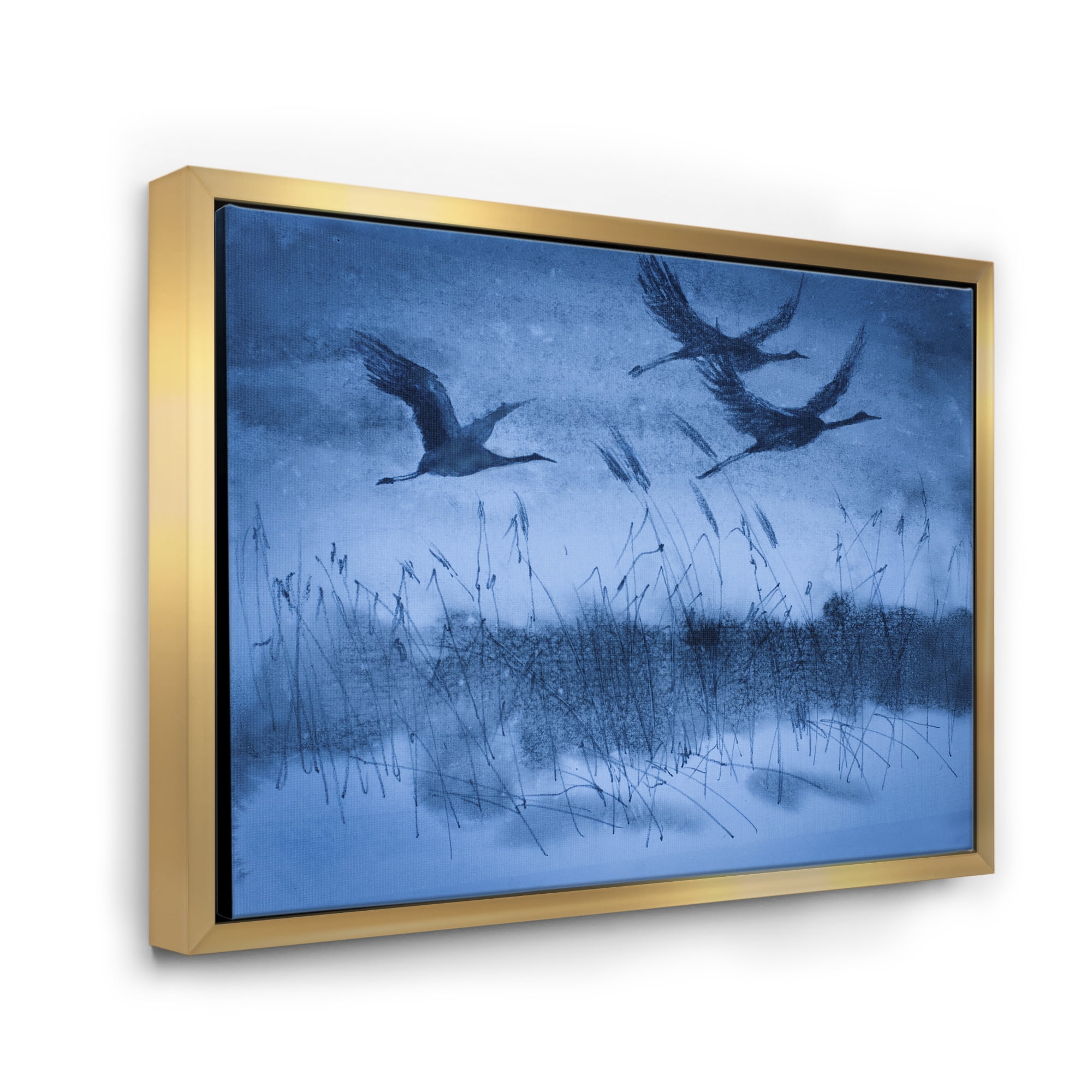 Designart 'Cranes In Flight During Blue Evening Light' Traditional Framed Canvas Wall Art Print