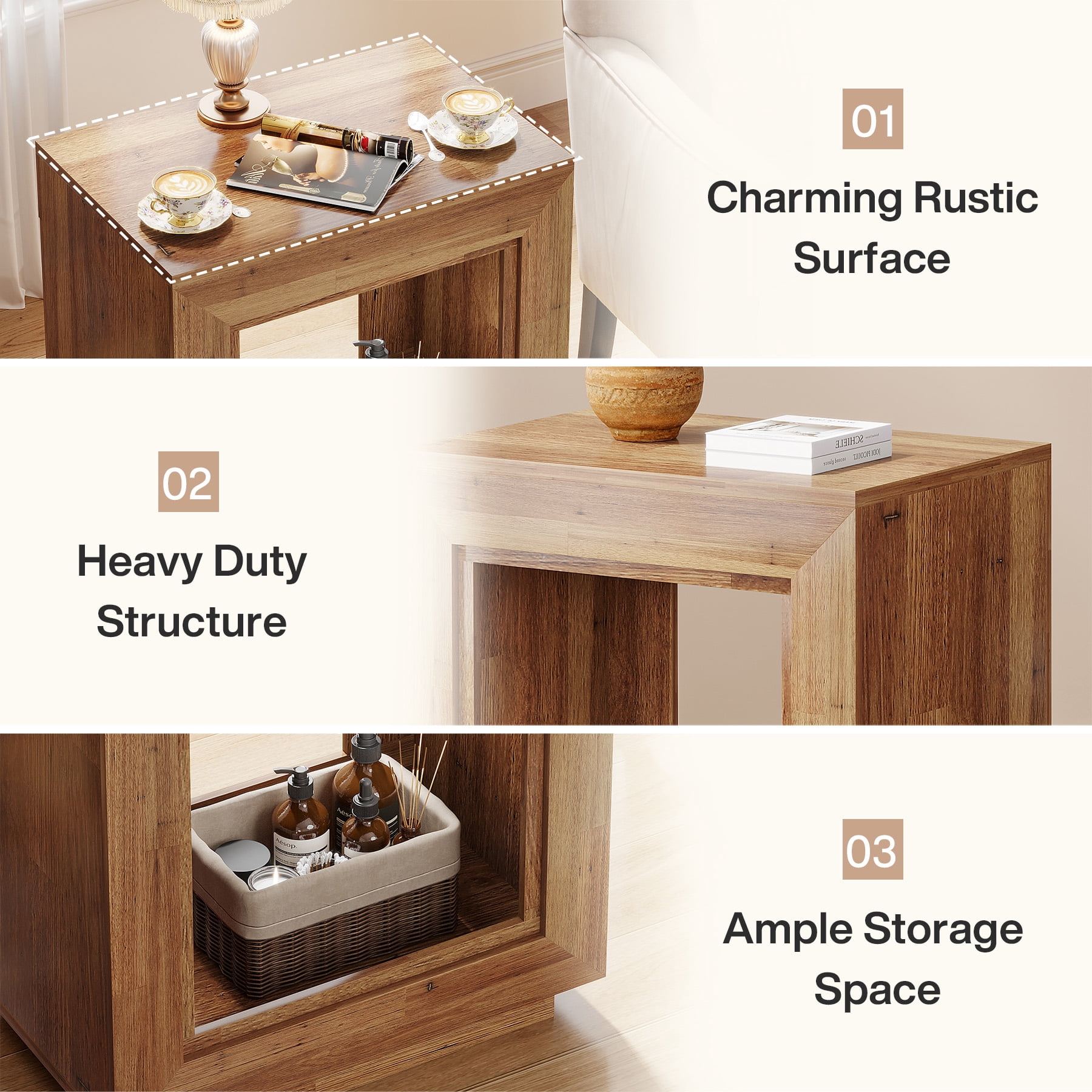 Fnova End Table Farmhouse Square Side Table with Storage, Wooden Sofa Table with Central Hollow Design, Modern Bedside Table, Easy Assembly, for Living Room, Bedroom, Nightstand