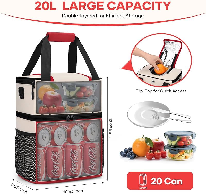 Maelstrom Lunch Box for Women, 20L Insulated Lunch Bag Men, Leakproof Double Deck Cooler Bag, Soft Lunch Cooler with Quick Access Flip-Top Lid for Work, Beach,Travel, Camping