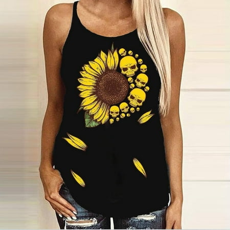 

FREE SHIPPING-camisole Women s Sun Flower Print O-Neck Sleeveless Sexy Blouse Vest Fashion Tank Tops nightgowns for women lingerie valentines day birthday gifts Green