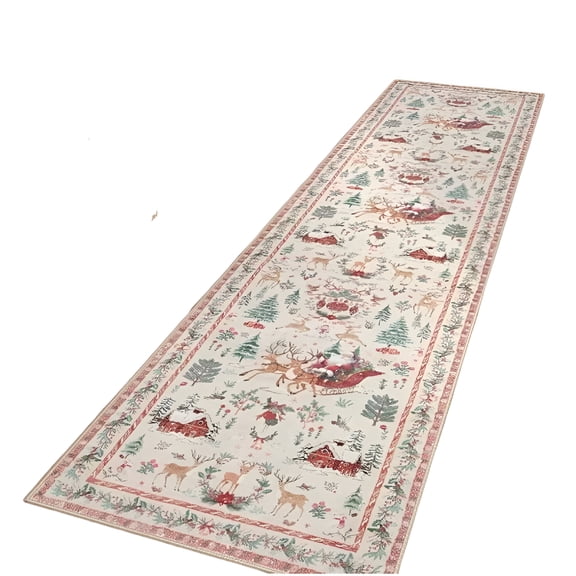 DERONA Christmas Runner Rug for Hallways Kitchen and Bathroom,Non-Washable Rug with Santa Tree Designs for Cozy Winter Holiday Home Decoration Christmas Hallway Runner