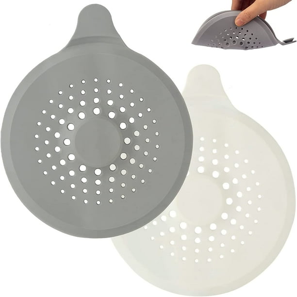 Paquete de 2 recogedores de pelo para desagüe de ducha (gris+blanco) con ventosas, colador de fregadero plegable de silicona para proteger la cubierta de drenaje, para lavabo, ducha de baño