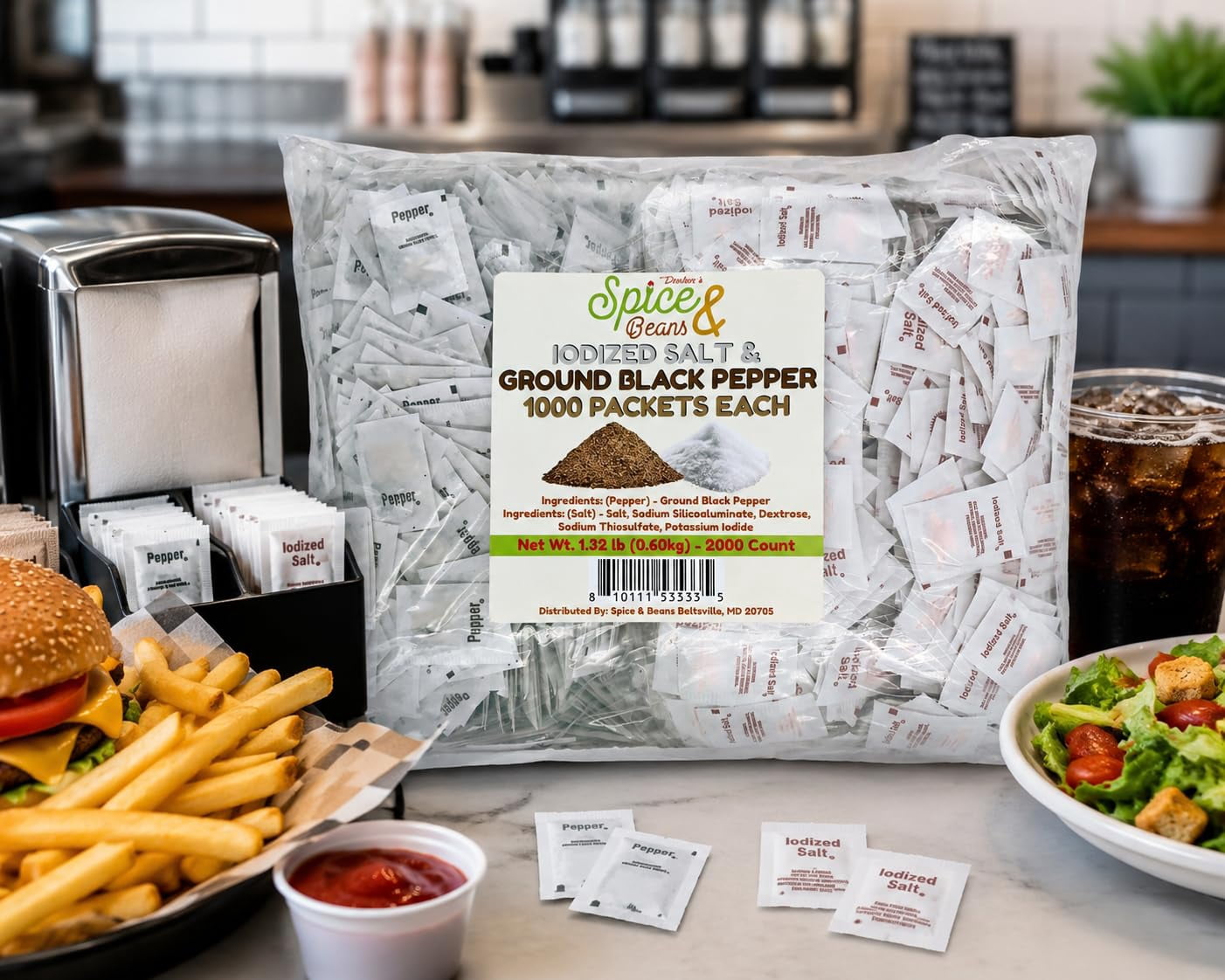 Gourmet Ground Black Pepper and Iodized Salt | Single Serve Packets 1000 Each - 2000 Total