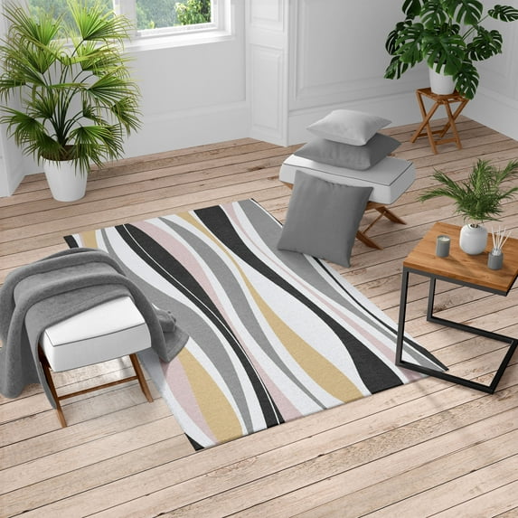 Vintage Turkish Area Rug, Retro Vibrant Stripes Funky Lines Design Patterns Abstract Print, Soft Carpet for Living Room Decor with Distressed Look, 5.2' X 7.6', Dusk Ecru, by Ambesonne