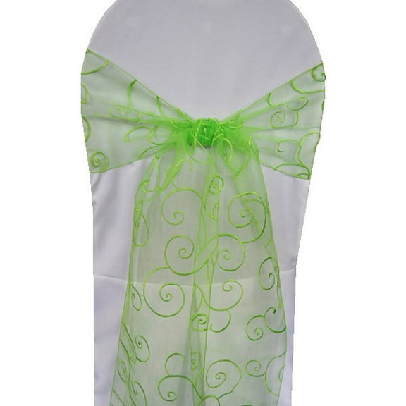 Wedding Linens Inc. (10pcs) 8'' x 108'' Embroidered Organza Sheer Chair Sashes Chair Bow Ties - Apple Green