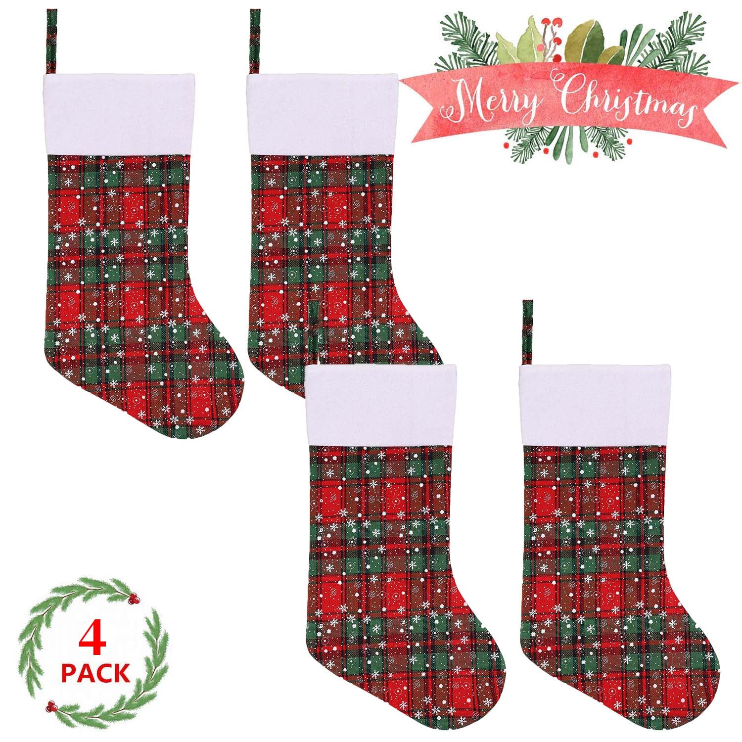 4 PACK 16" Red Tartan Christmas Stockings,Plaid Stocking Craft Socks