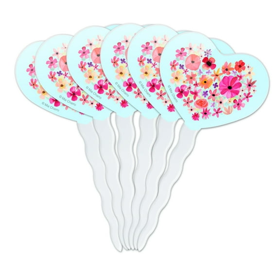 Flower Heart Love Heart Love Cupcake Picks Toppers Decoration Set of 6