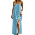 thumbnail image 5 of Bysome Women Dresses Solid Color Sleeveless Round Neck Slit Dress Summer Breathable Women Dress Size M Light Blue, 5 of 8