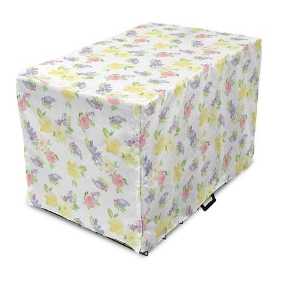 Watercolor Dog Crate Cover, Aquarelle Floral Drawing on Plain Backdrop Pattern, Easy to Use Pet Kennel Cover Small Dogs Puppies Kittens, 7 Sizes, Multicolor, by Ambesonne
