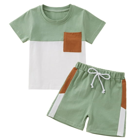 Usaibhir Boys 2 Piece Summer Outfits Colorblock Short Sleeve Cotton T-Shirts and Shorts Basic Kids Set 0-5T