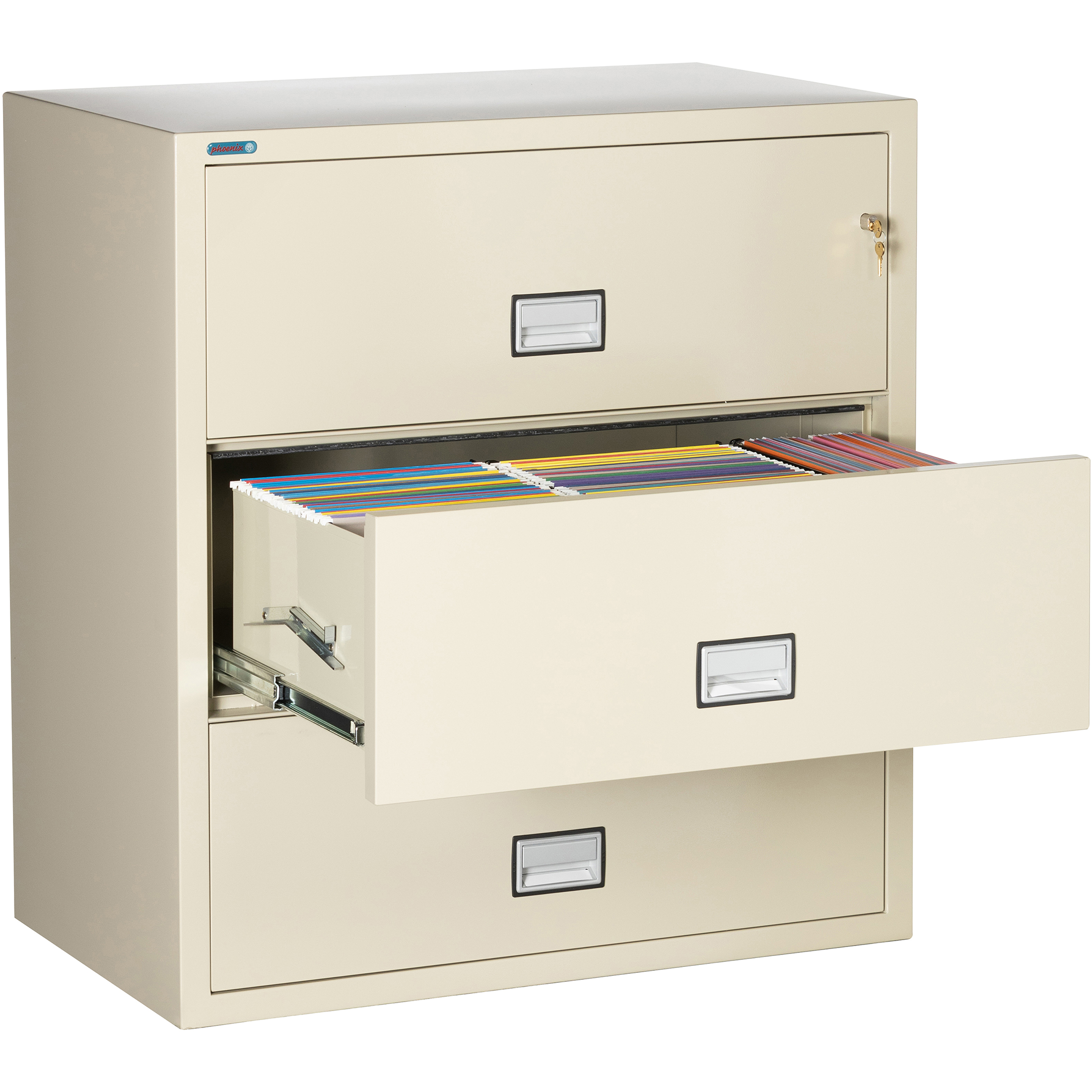 Phoenix Safe Lateral 38 inch 3-Drawer Fireproof File Cabinet with Key Lock, Water Seal, Putty, LAT3W38P