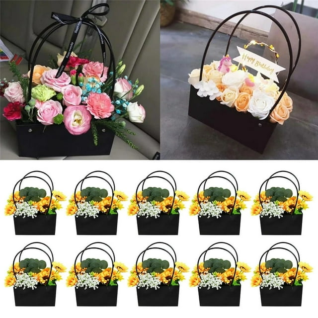Paper Handy Gift Bag 10Pcs Kraft Paper Biodegradable Flower Gift Bags Bouquet Bags Box with Handle Waterproof Bouquet Gift Box Empty Bouquet Boxes Bags for Birthday Wedding Party Favors