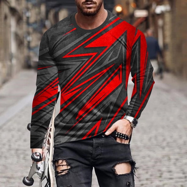 Blusas y camisas de manga larga con cuello redondo para hombre, blusa informal de manga larga con cuello redondo y estampado de rayas, blusa de poliéster para hombre