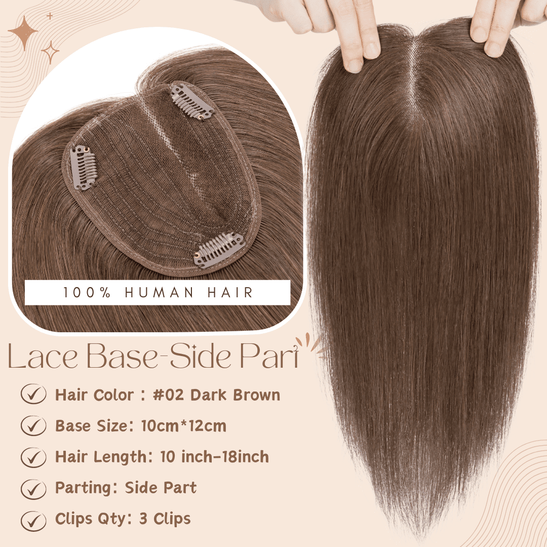 Benehair 10*12cm Side Part Clip In Hairpiece 100% Remy Real Human Hair Topper Hair Piece Wigs Handtied Lace Base For Woman Thin Hair Loss Top Piece Brown 10inch