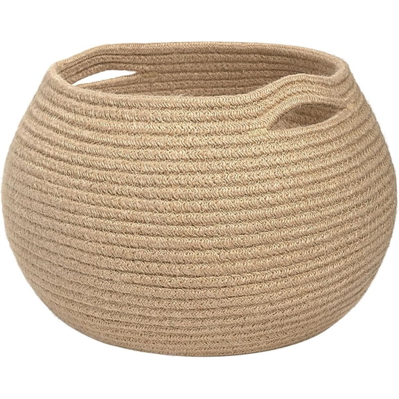 Wicker Storage Basket for Living Room – Small Round Woven Basket for Toys, Towel, Bedroom – Children Corner Decoration Plant Baskets Indoor – Jute – 10"D x 8.3"H